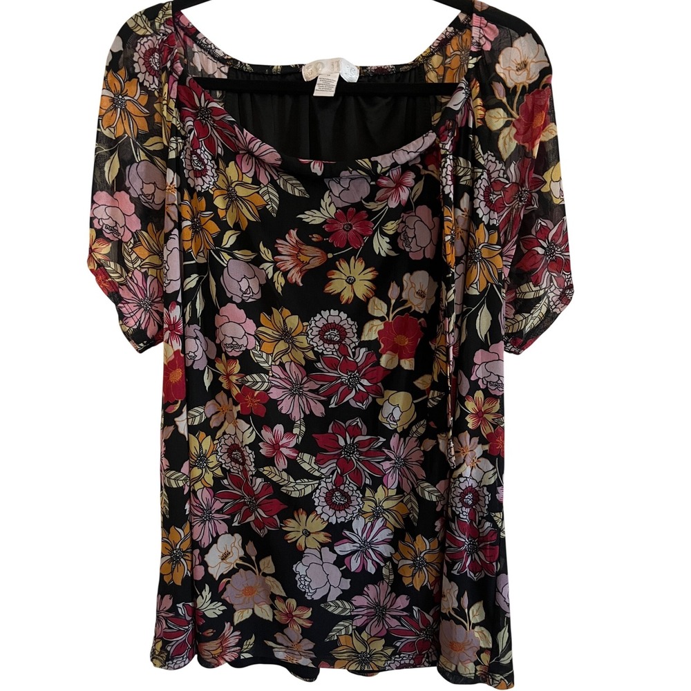 So It Is Women 1X Black Floral Mesh Square Neck Flutter Sleeve Blouse Top